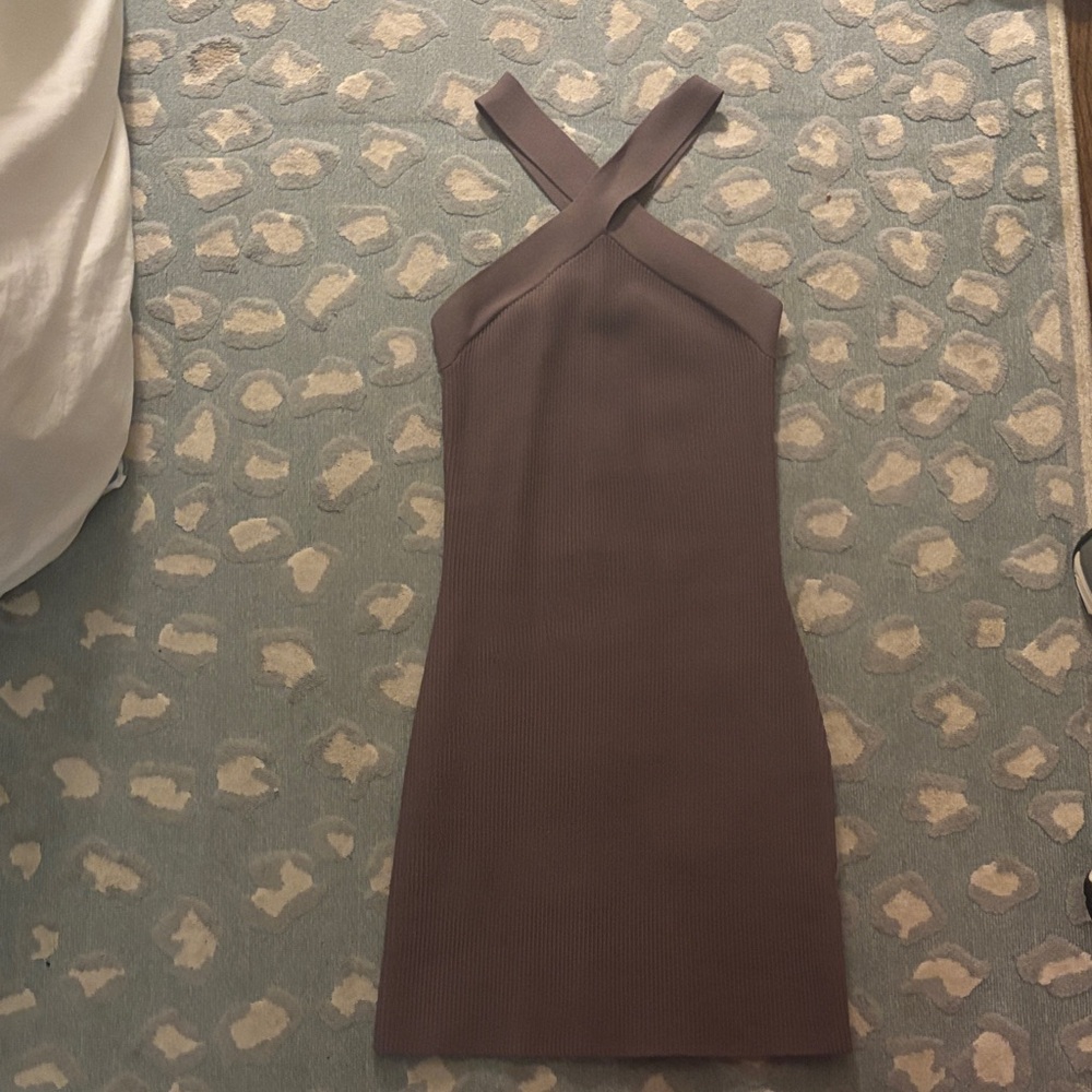 Aritzia Babaton Sculpt Knit Criss Cross Dress in the color "deep taupe"